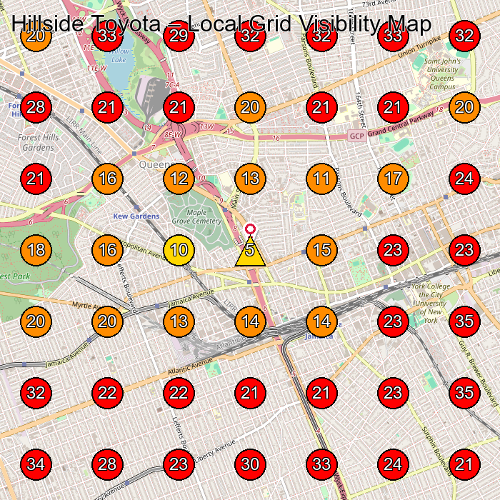 Hillside Toyota GeoGrid visibility map for Used Car Dealer in Kew Gardens